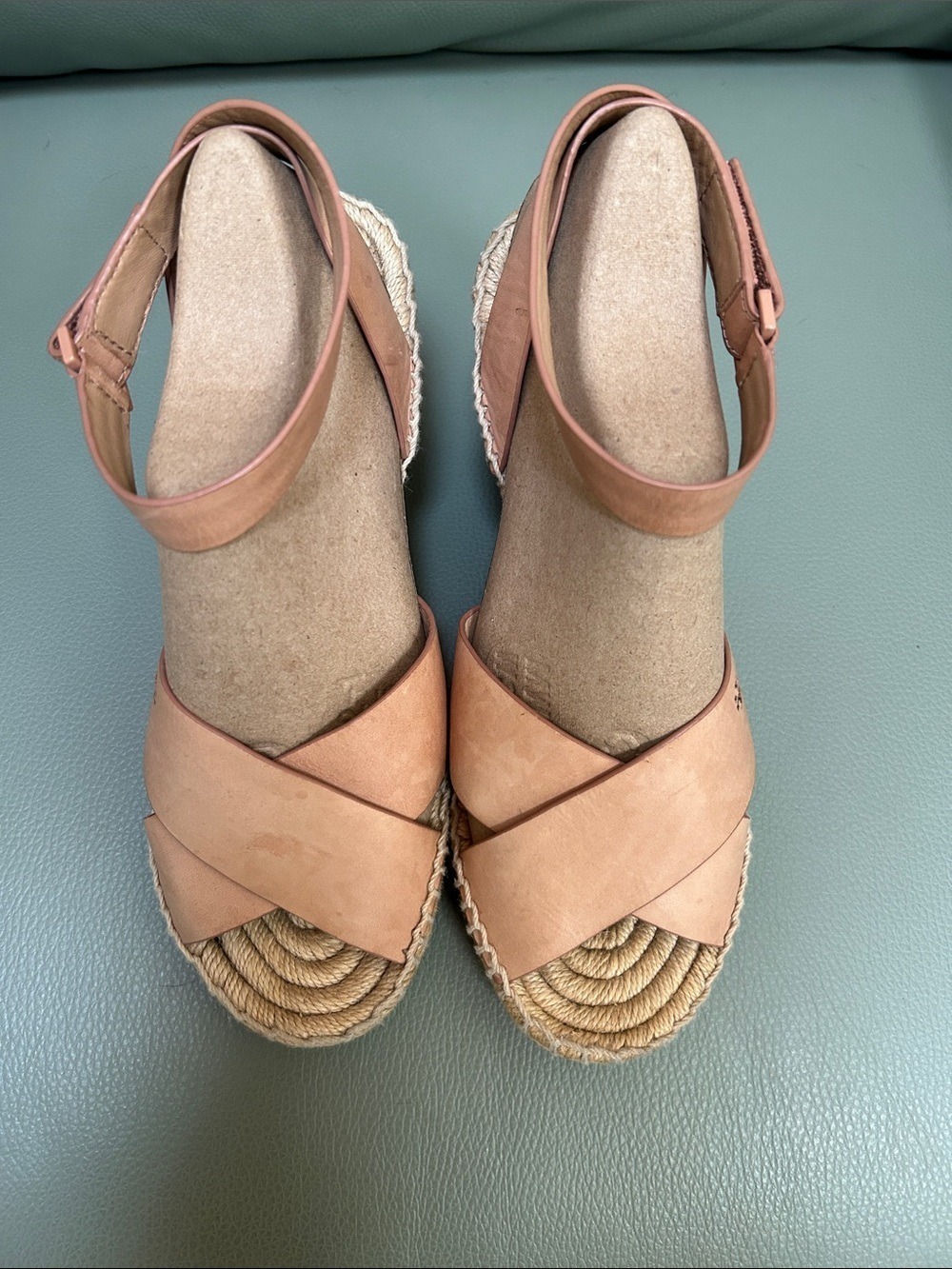 Tory Burch  Tan Leather Bima Espadrille Wedge Sandals - Adjustable Velcro Ankle